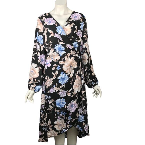 Dress Knee High Long Sleeves Cross Front Belt Floral Story On Womens Size 2XL - Picture 1 of 13